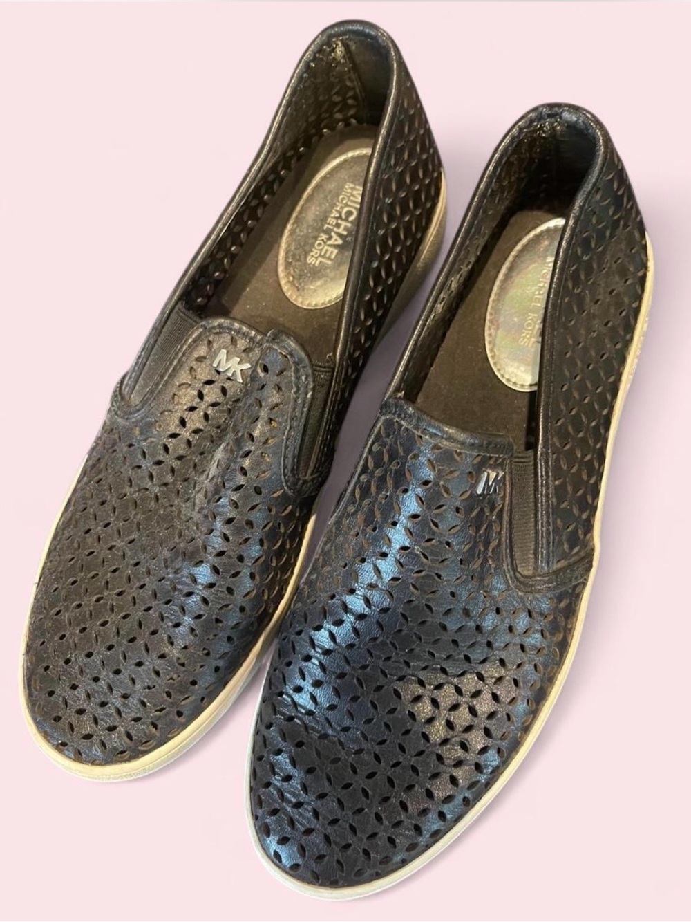Michael Kors Black Perforated Leather Slip-On loafers White Sole silver logo 9